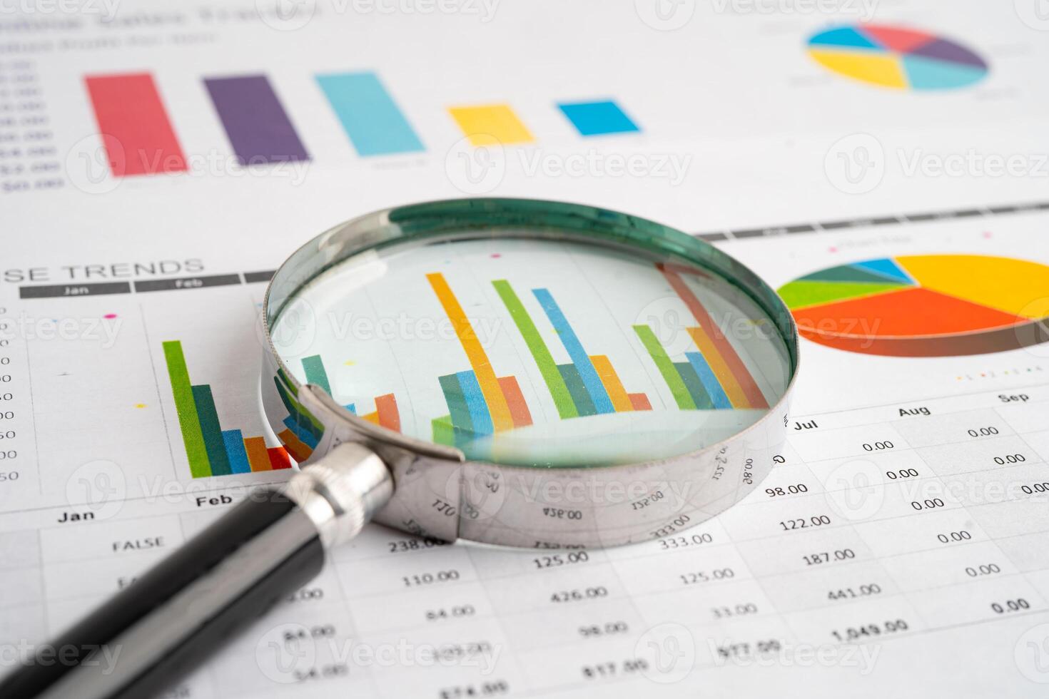 Magnifying glass on charts graphs paper. Financial development, Banking Account, Statistic, Investment Analytic photo