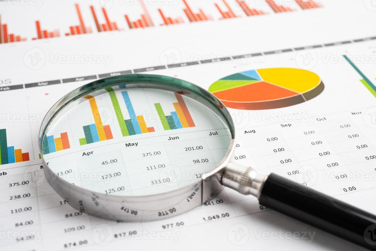 Magnifying glass on charts graphs paper. photo