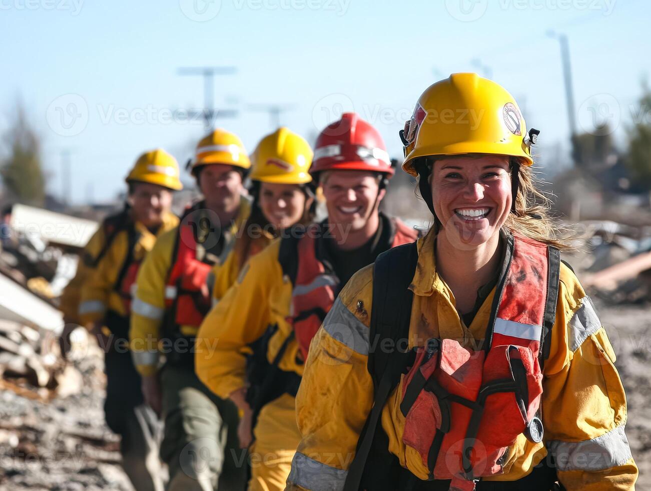 Group of firefighters are smiling and posing for a photo