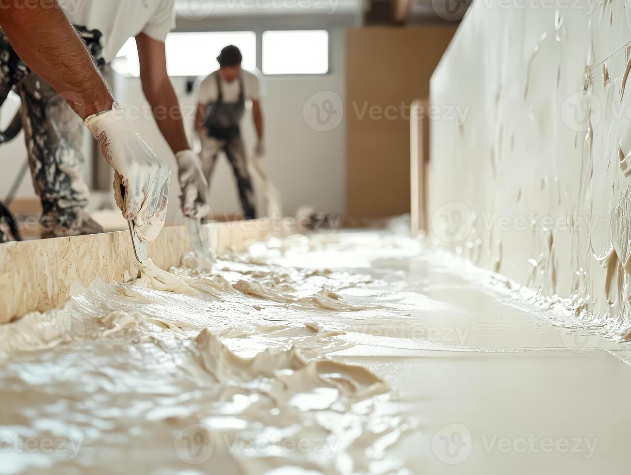 Man is applying a white substance to a wall photo