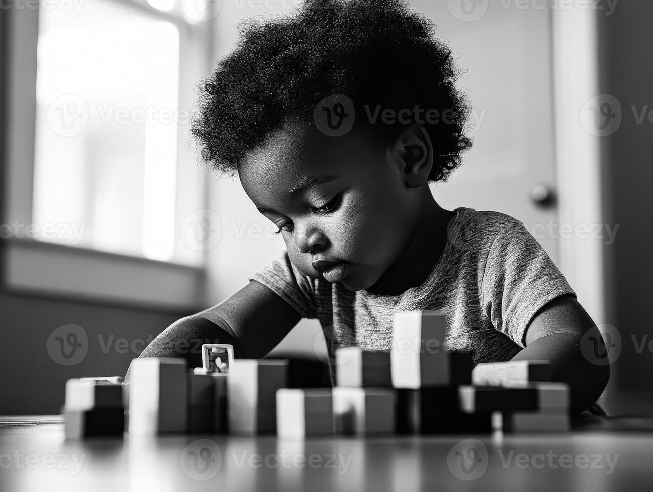 Young child is sitting at a table playing with blocks photo