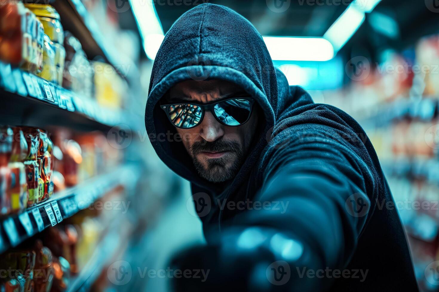 Man in a hoodie is reaching for a jar of food in a store photo