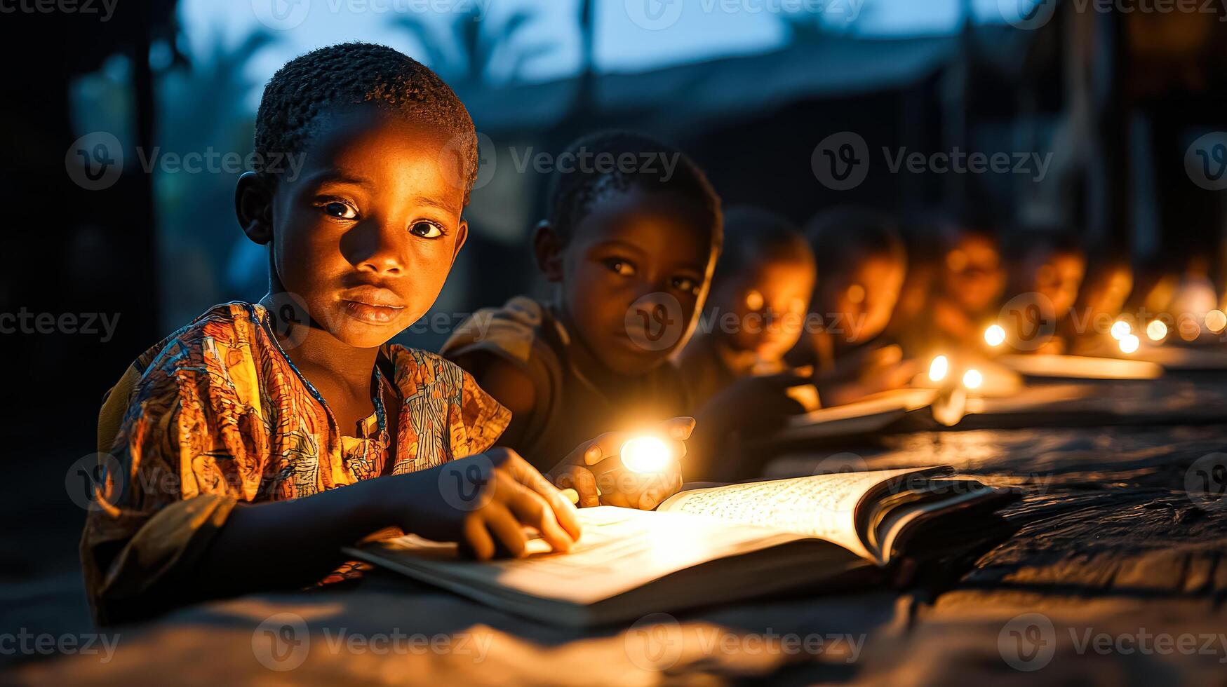 Group of children are sitting around a table with lit candles and books photo
