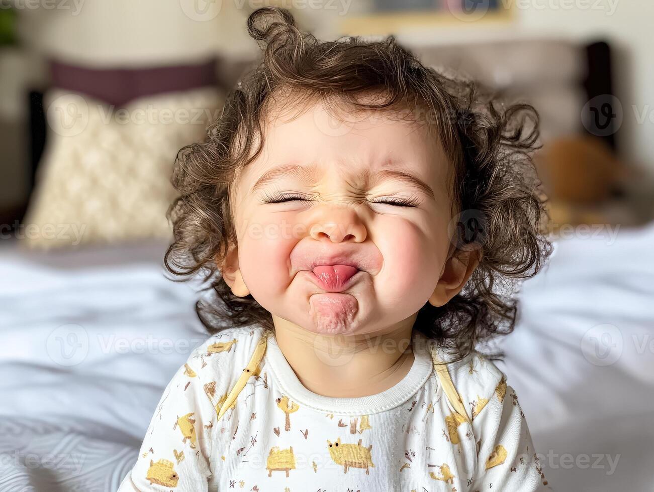 Baby with a tongue sticking out and a smile on his face photo