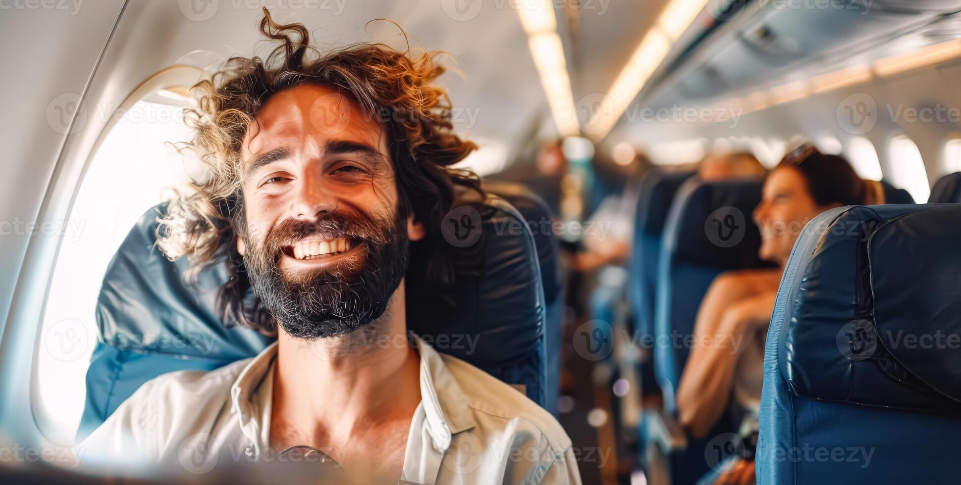 Man with a beard and curly hair is smiling and sitting in an airplane photo