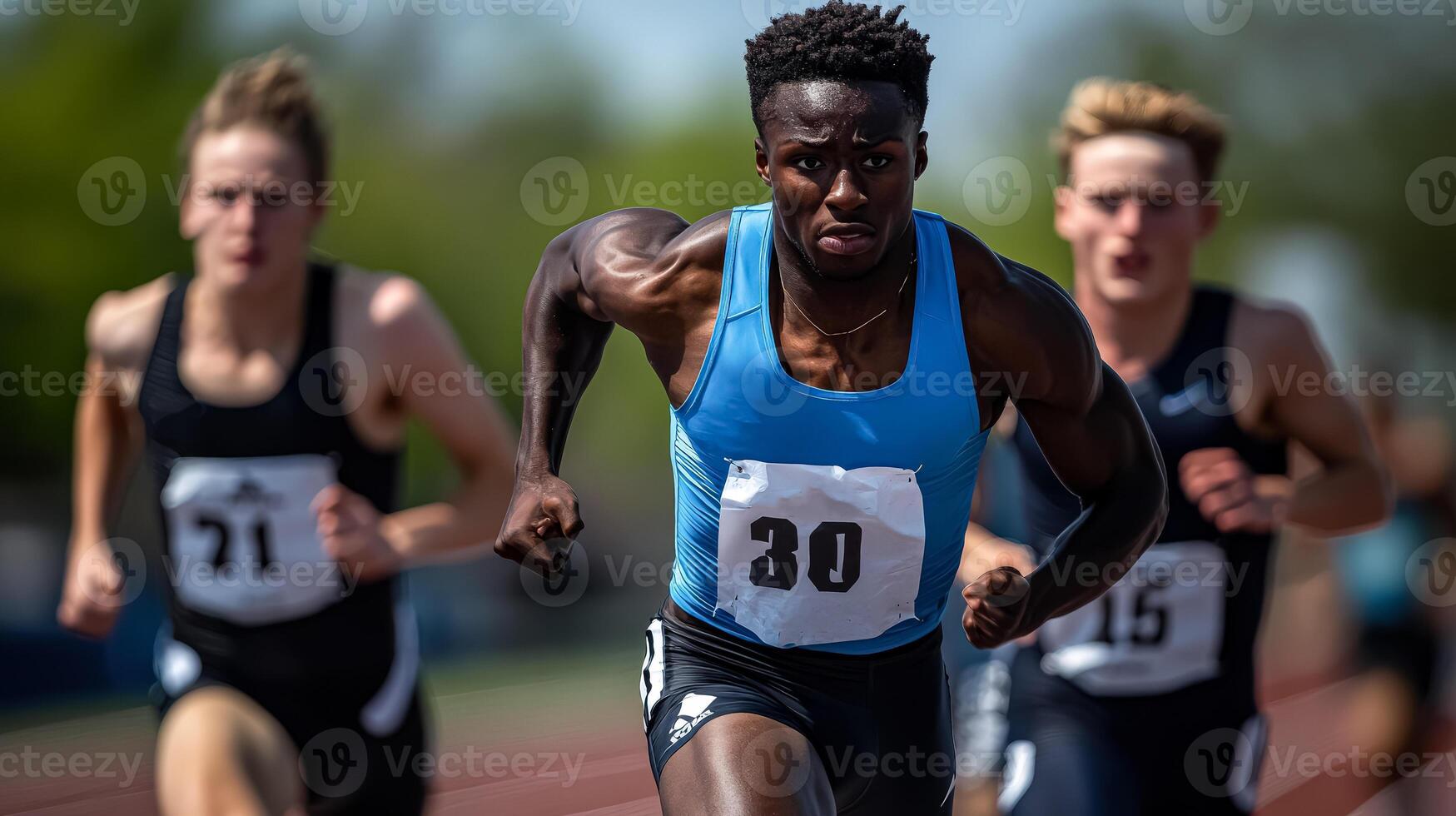 Man in a blue tank top with the number 30 on it runs on a track photo
