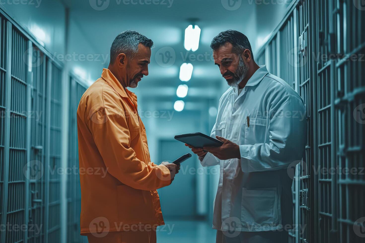Two men in white lab coats are looking at a tablet photo