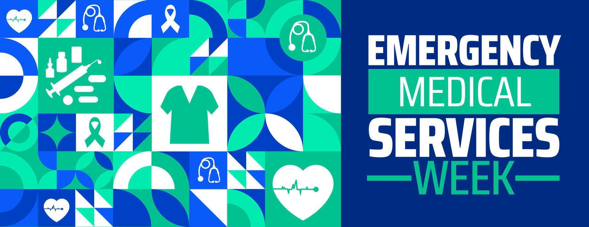 Emergency Medical Services Week Geometric shape pattern background banner or poster design template. observed every year in May. Holiday concept. Use to any Template, card, poster, placard, template. vector