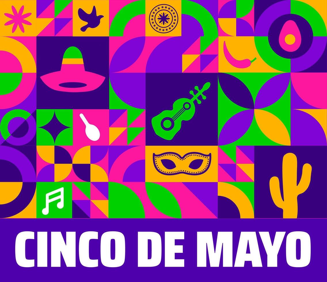 Cinco de Mayo Geometric shape pattern background, banner or poster design template. May 5 federal holiday in Mexico. Fiesta banner and poster design with flags, flowers, decorations vector
