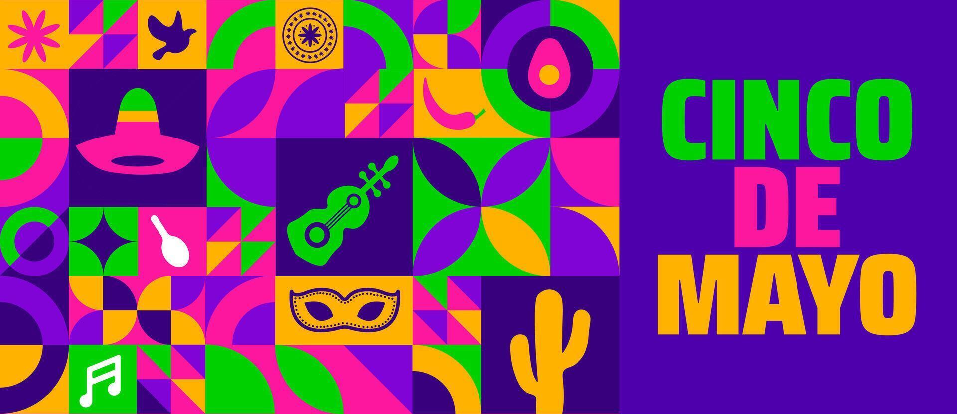 Cinco de Mayo Geometric shape pattern background, banner or poster design template. May 5 federal holiday in Mexico. Fiesta banner and poster design with flags, flowers, decorations, skull. vector