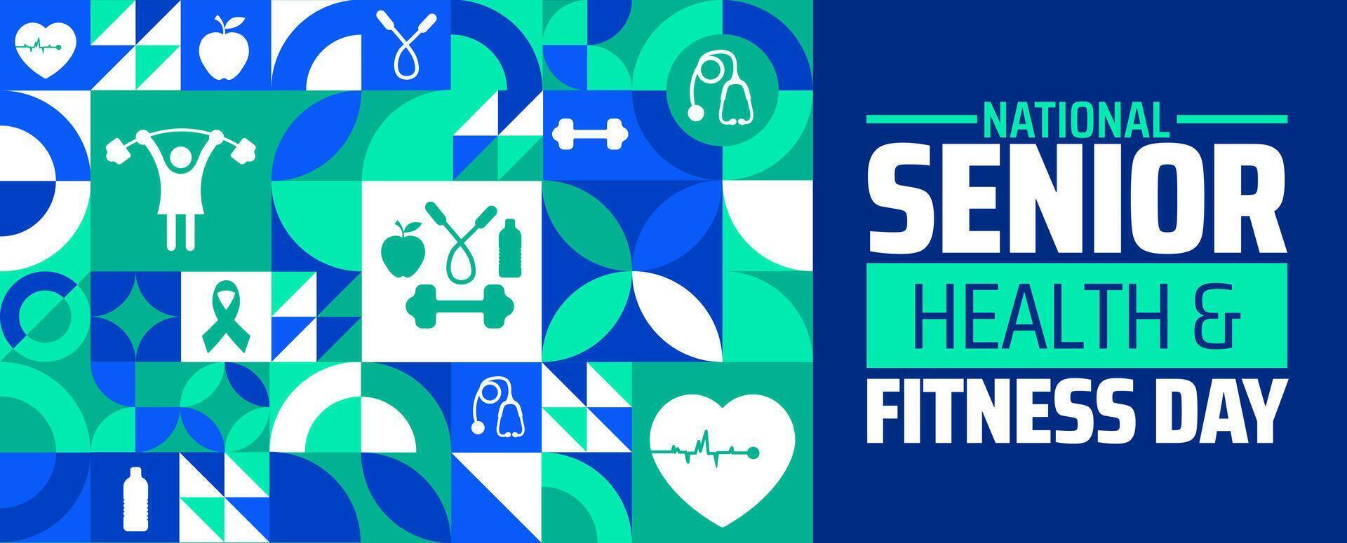 National Senior Health and Fitness Day Geometric shape pattern background banner or poster design template. observed every year in May. Holiday concept. Use to any Template, card, poster, placard. vector