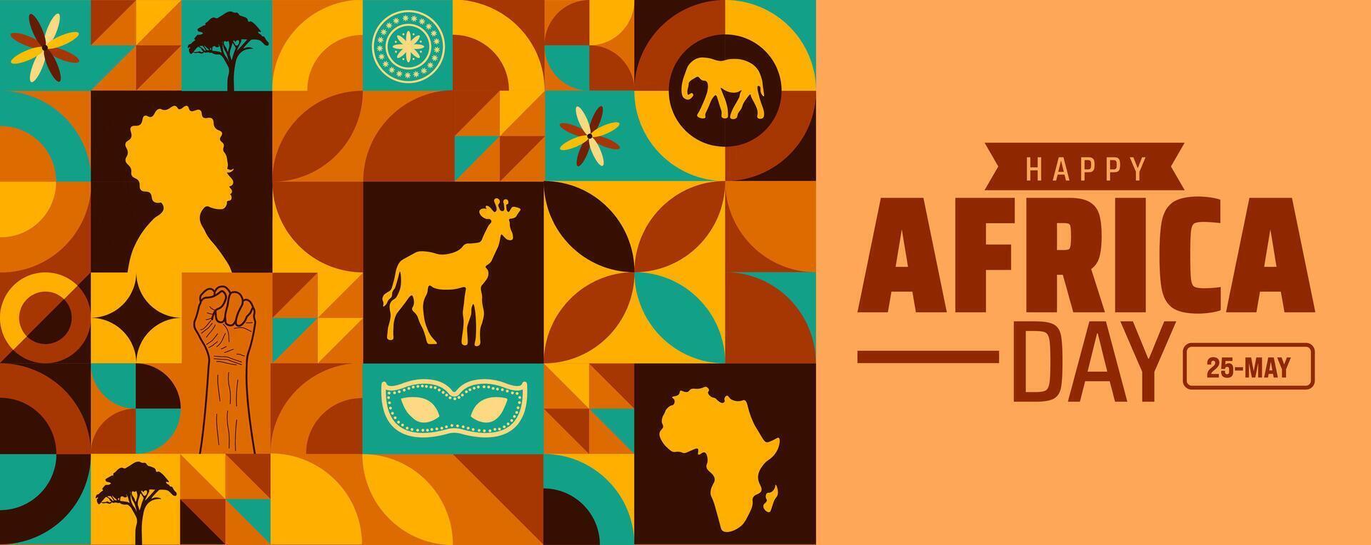 Happy Africa Day Geometric shape pattern background, banner or poster design template. showcases African wildlife like elephants and giraffes with African map and African black man vector