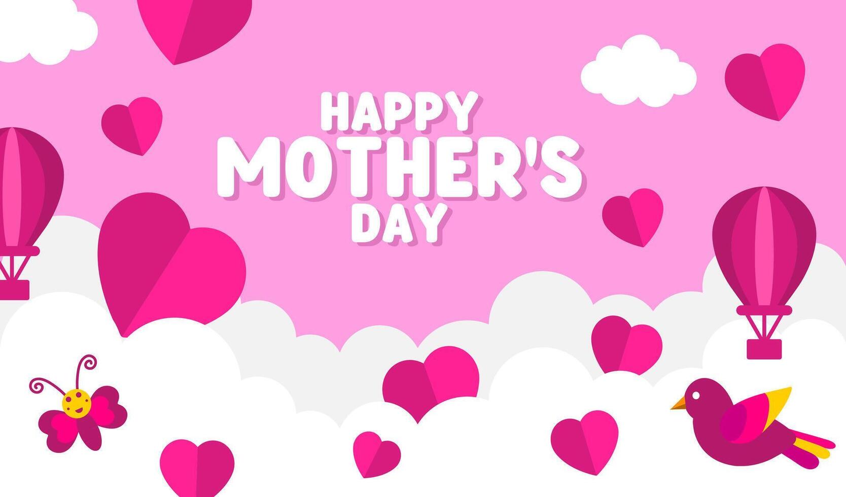 Happy Mother's day Horizontal banner background or poster sale header design template with paper cut clouds, sky, butterfly, hot air balloon, parachute, bird. vector