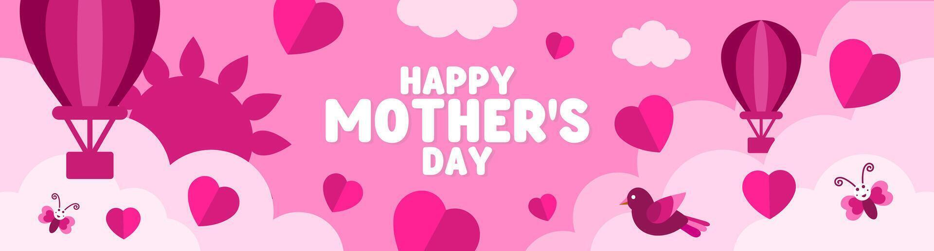 Happy Mother's day Horizontal banner background or poster sale header design template with paper cut clouds, sky, butterfly, hot air balloon, parachute, bird. illustration. vector