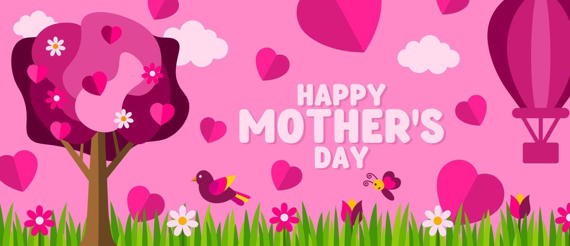 Happy Mother's day Horizontal banner background or poster sale header design template with flower, paper cut clouds, Blooming summer tree, blue sky, butterfly, hot air balloon, parachute, bird. vector