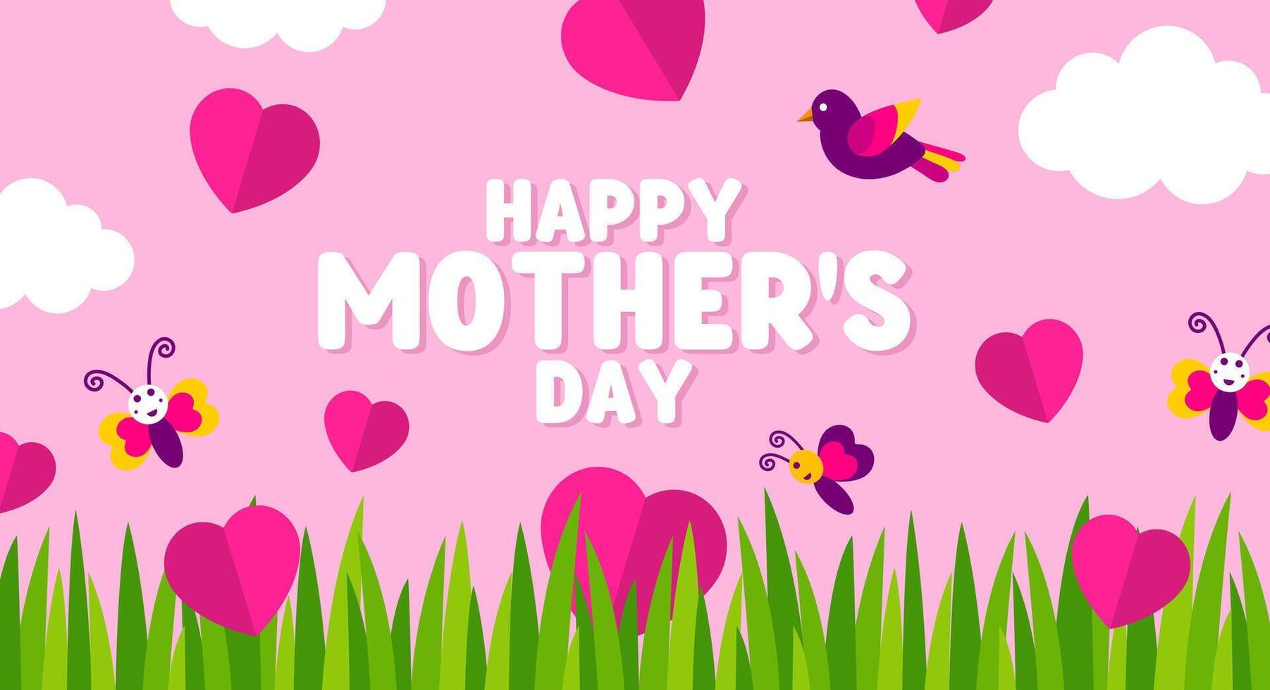 Happy Mother's day Horizontal banner background or poster sale header design template with flower, grass, paper cut clouds, sky, butterfly, hot air balloon, parachute, bird. vector