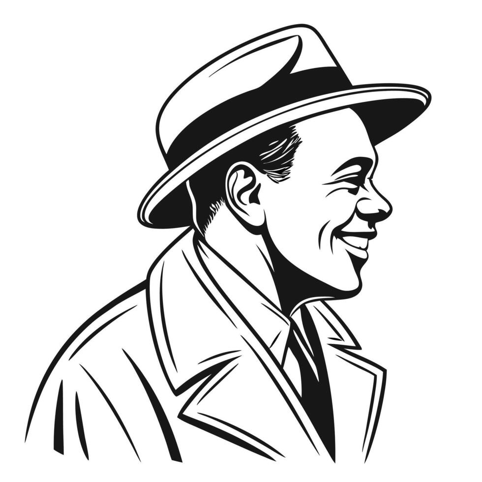 a silhouette line art of a smiling man in a hat vector
