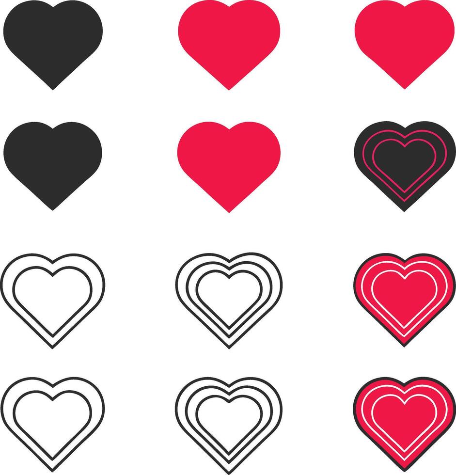 Minimalist Heart Icon Set Love in Outline, Red and Black Styles EPS vector