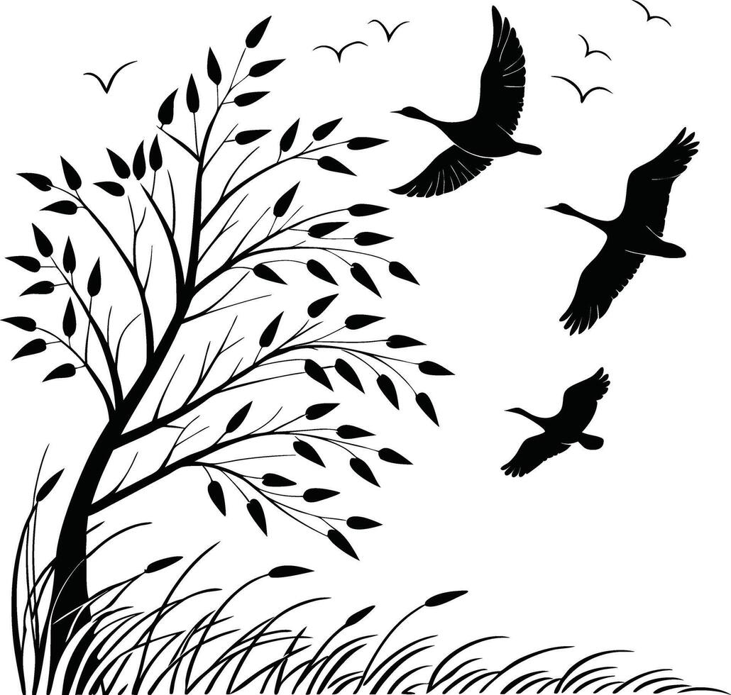 Flying Birds Silhouette Line Art Minimalist Sky art vector