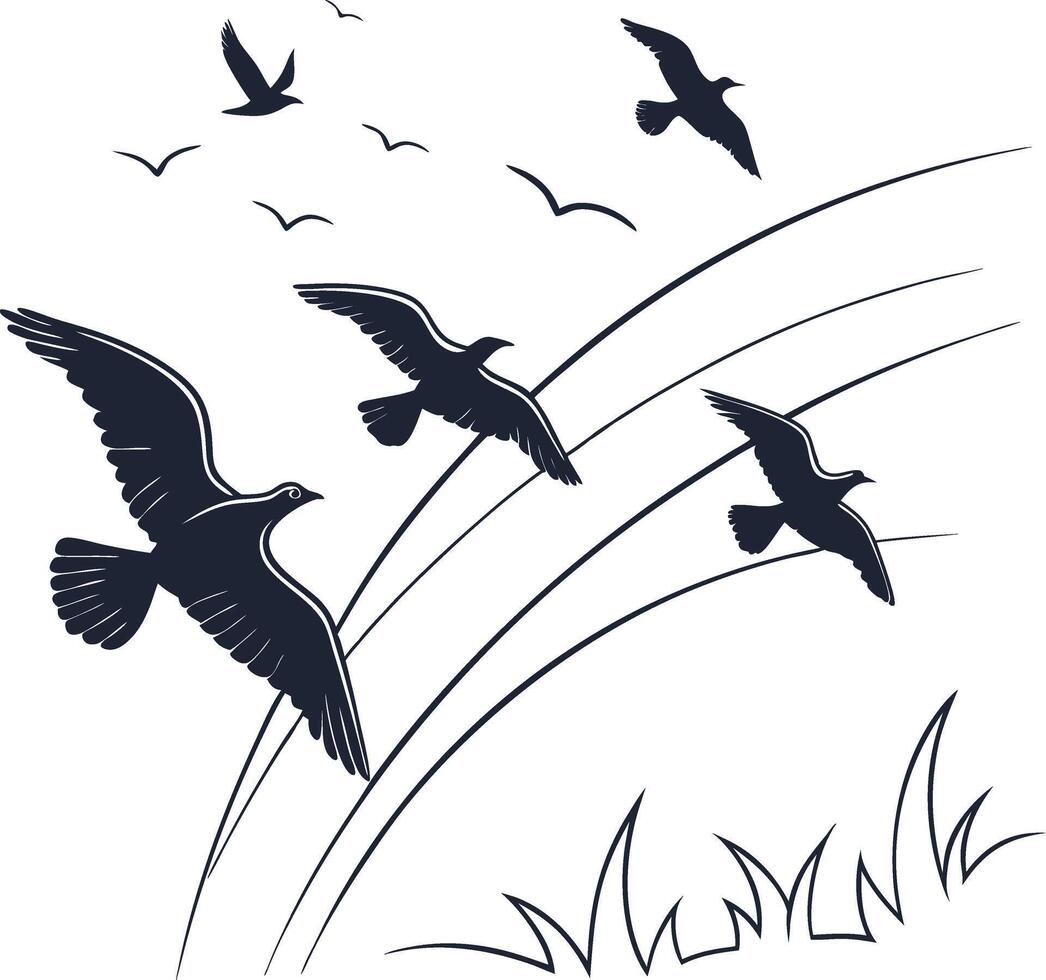 Flying Birds Silhouette Line Art Minimalist Sky Illustration EPS vector