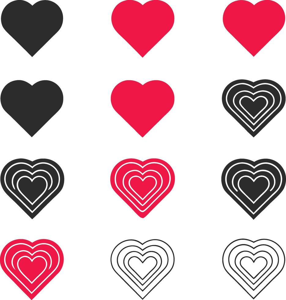 Minimalist Heart Icon Set Love in Outline, Red and Black Styles For Free vector