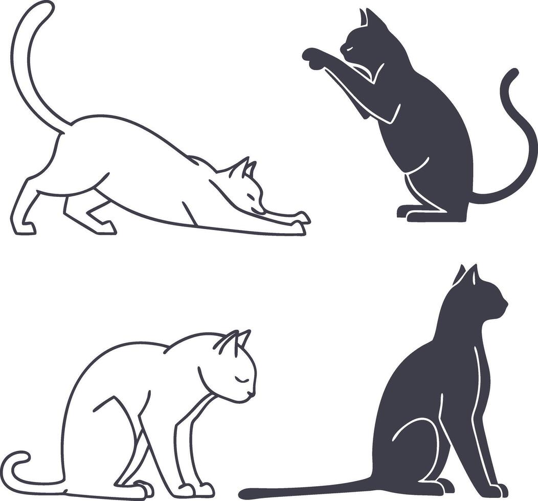 Silhouettes Cat Line Art Minimalist Feline Poses Set vector