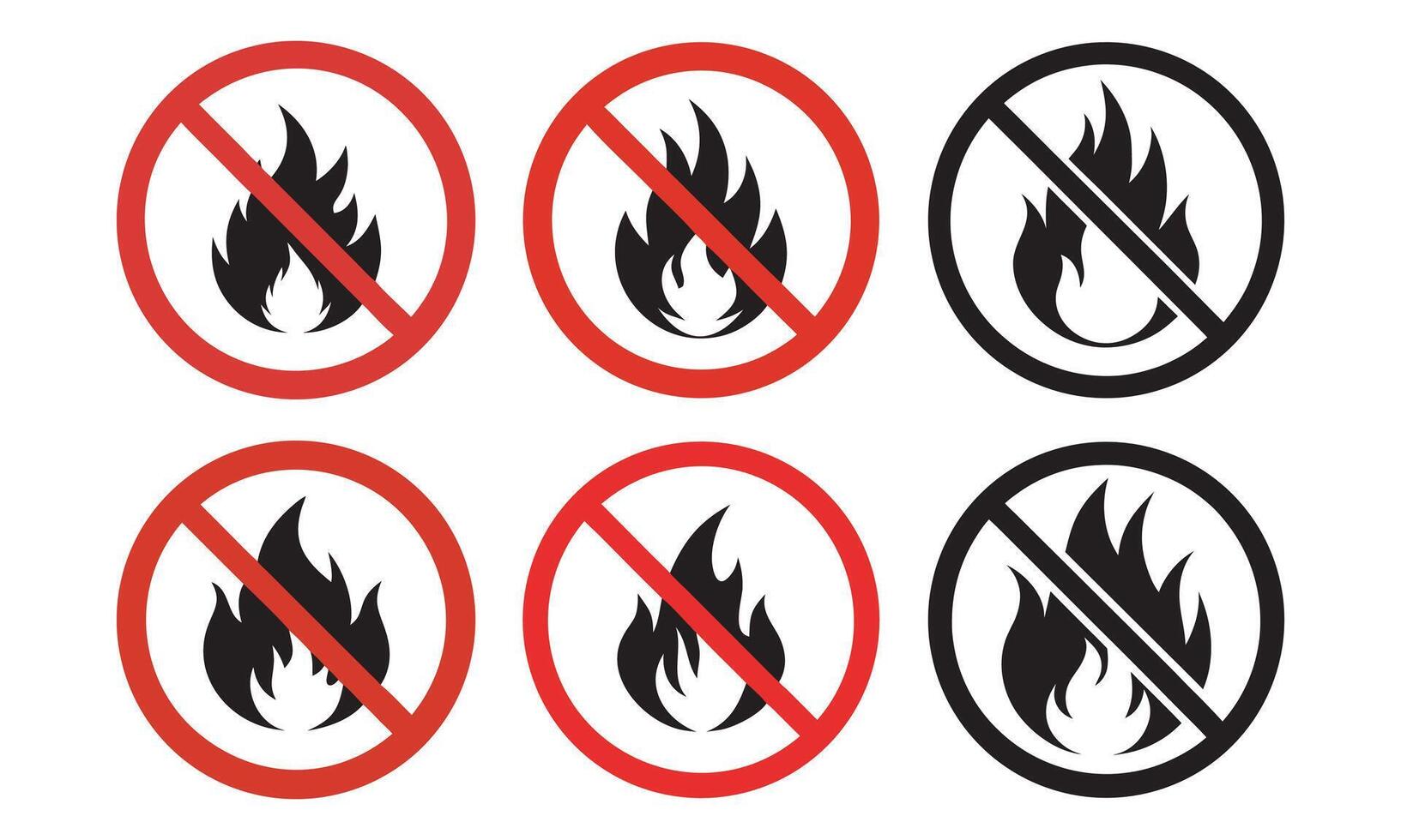 No Open Flame Symbol Sign Set, No open flame sign symbol, Stop bonfire icon. No fire icon. Red ban of flame sign, Match flame is prohibited, flame restriction vector