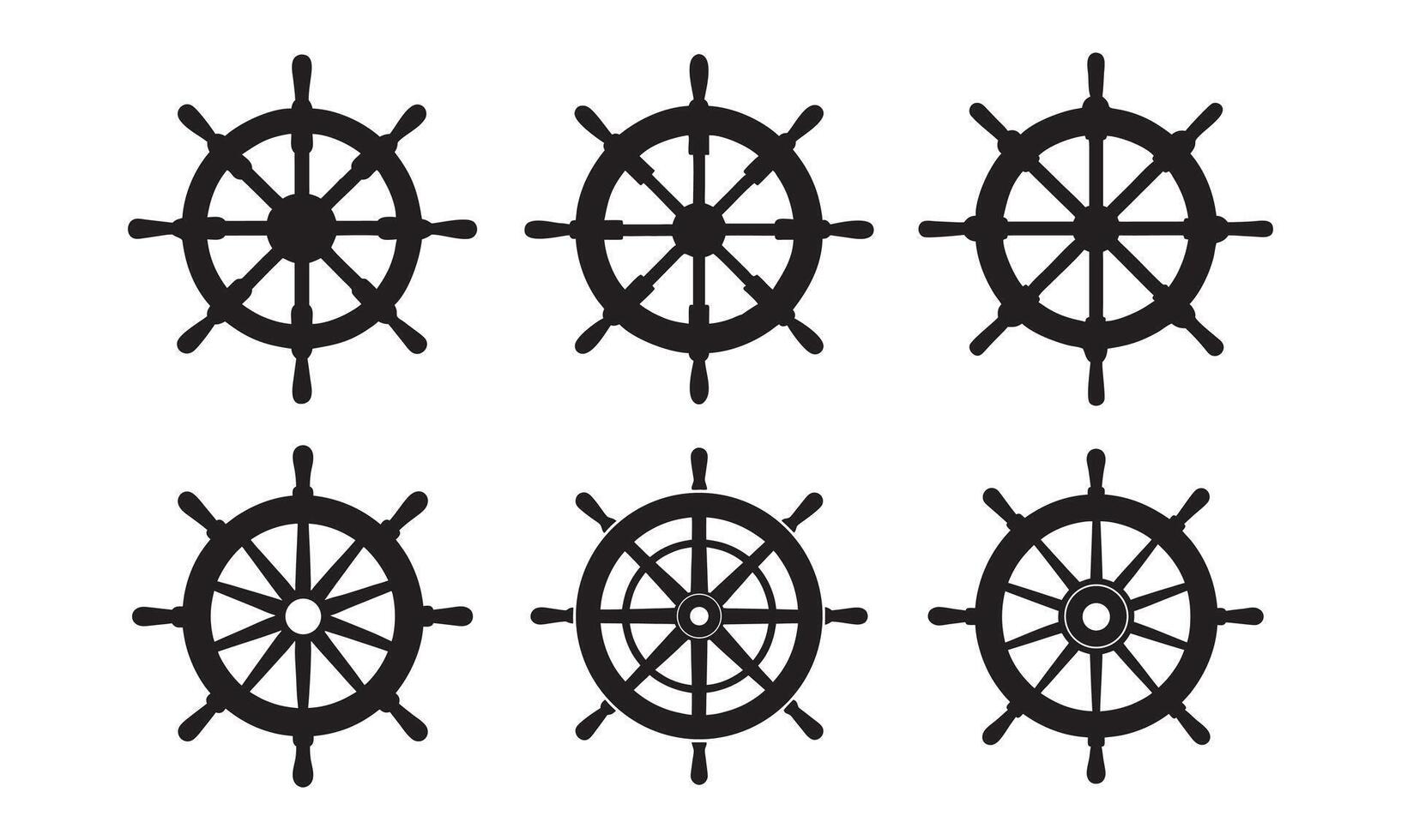Black Ship Steering Wheel Icon Set, Ship steering wheel icon. Set of ship's wheels. Steering wheel symbols. Boat steering wheel icon in flat style. illustration vector
