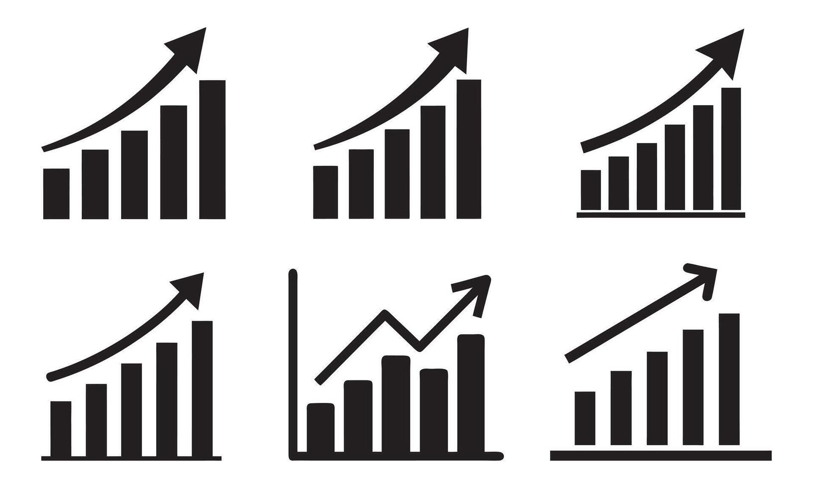 Black and white growing bar graphs illustrating positive trends, Growing bar graph icons, vector