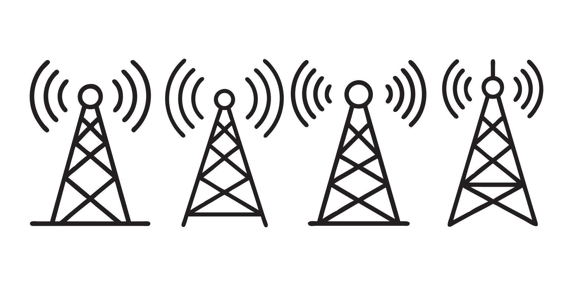 Simple black line art illustration of radio antenna towers icons, illustration vector
