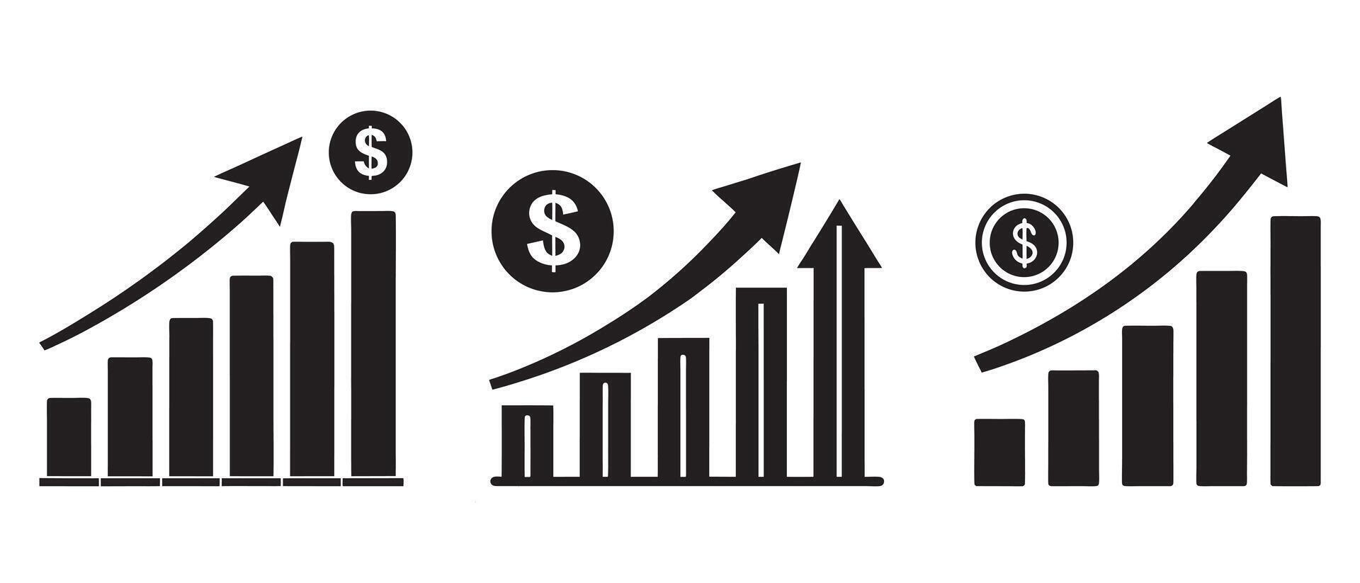 Growing Bar Graphs Illustrate Financial Success, Growth, up money, dollar icon set vector