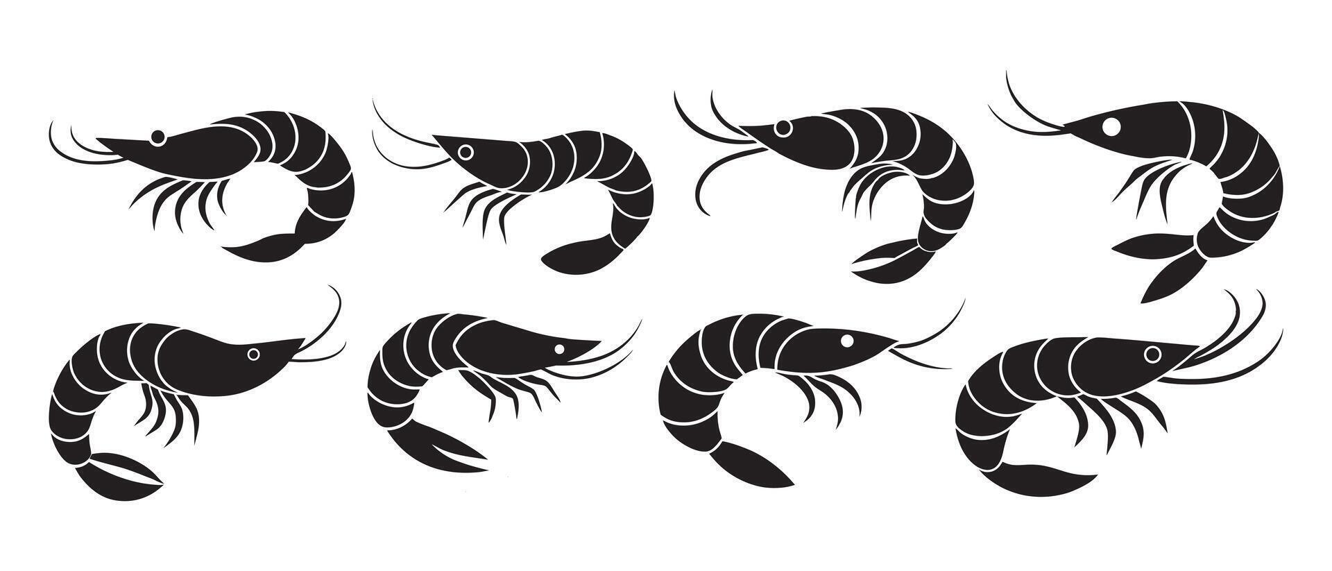 Collection of Black and White Shrimp Silhouettes, Shrimp silhouette. Isolated shrimp on white background vector