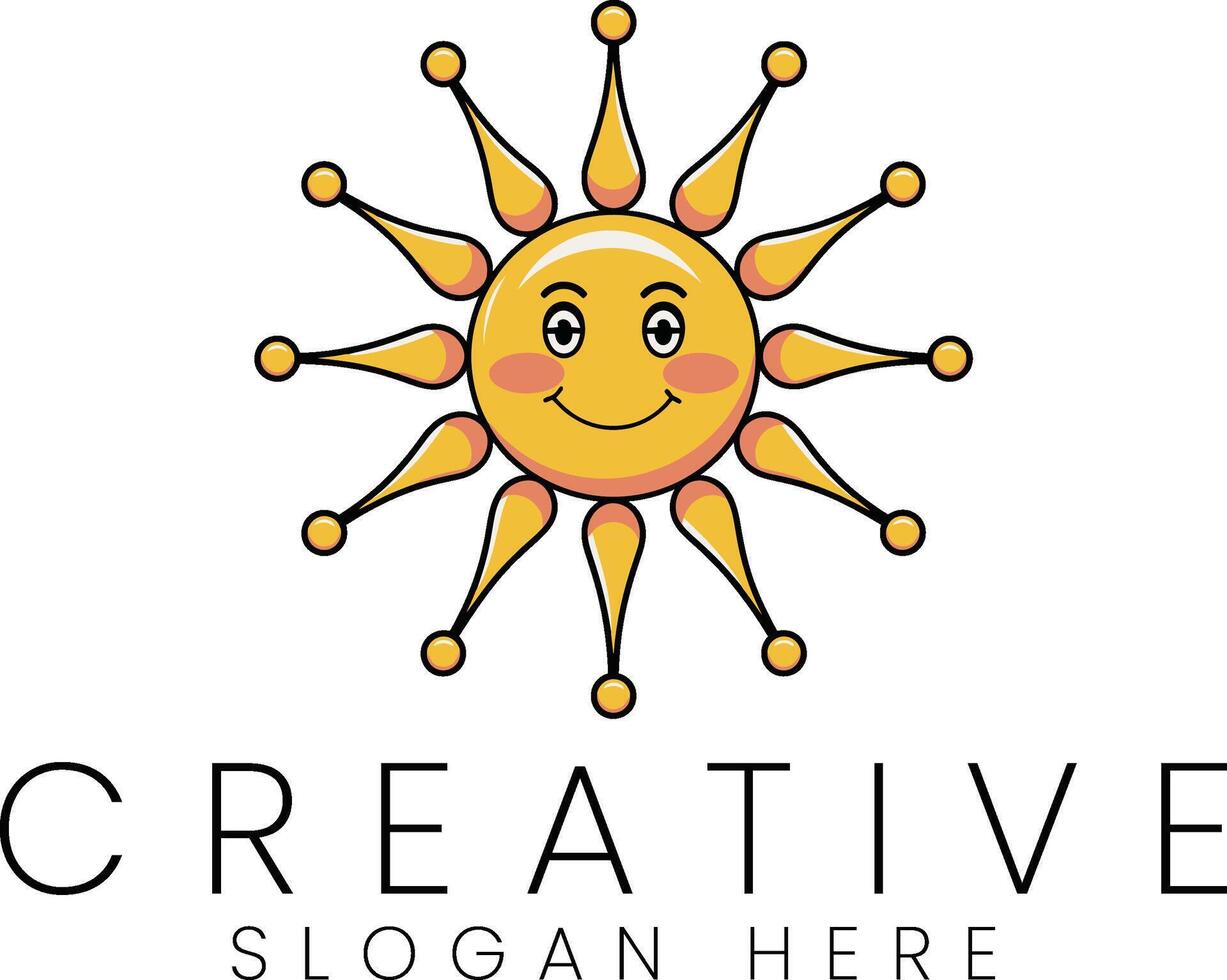 Happy Smiling Sun Cartoon Character Logo Design fun cute warm icon kids image clean yellow vector