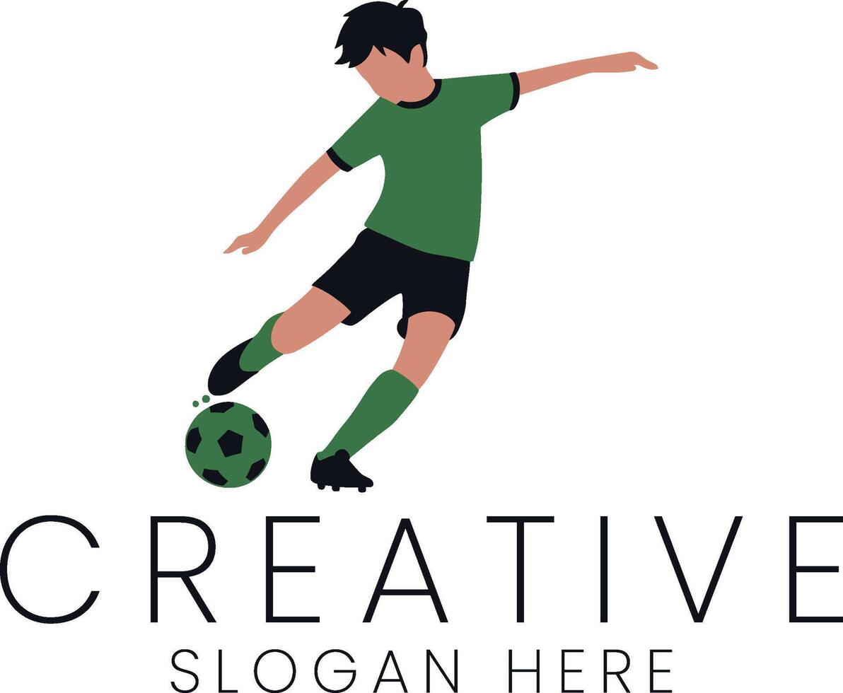 Dynamic Soccer Player Green Jersey Action Logo Design Kid Boy Ball Team Game Flat Icon vector