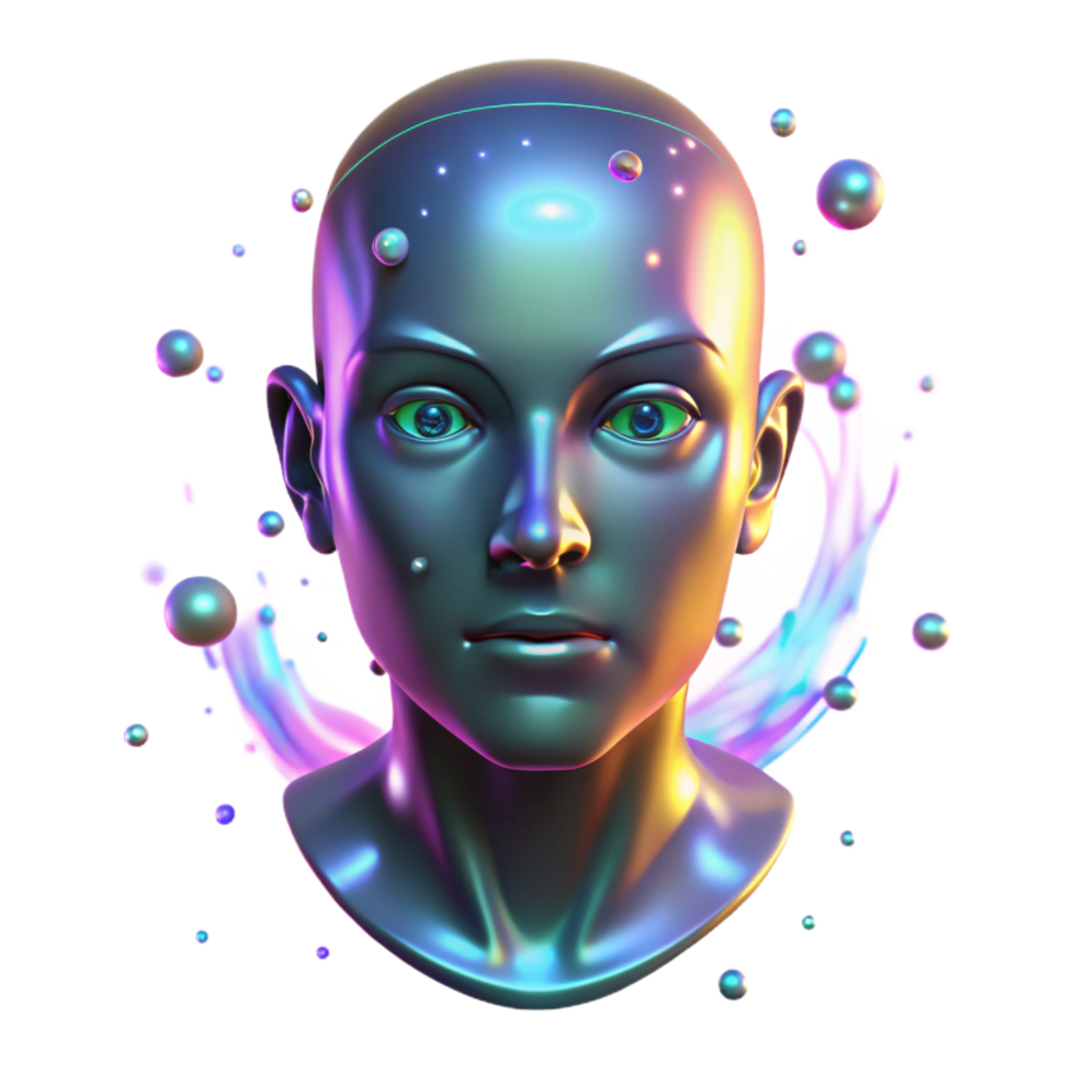 peaceful majestic A holographic projection of a human face flickers in the darkness, surrounded by swirling particles of light. Moody, low key lighting. Cyberpunk style refined png
