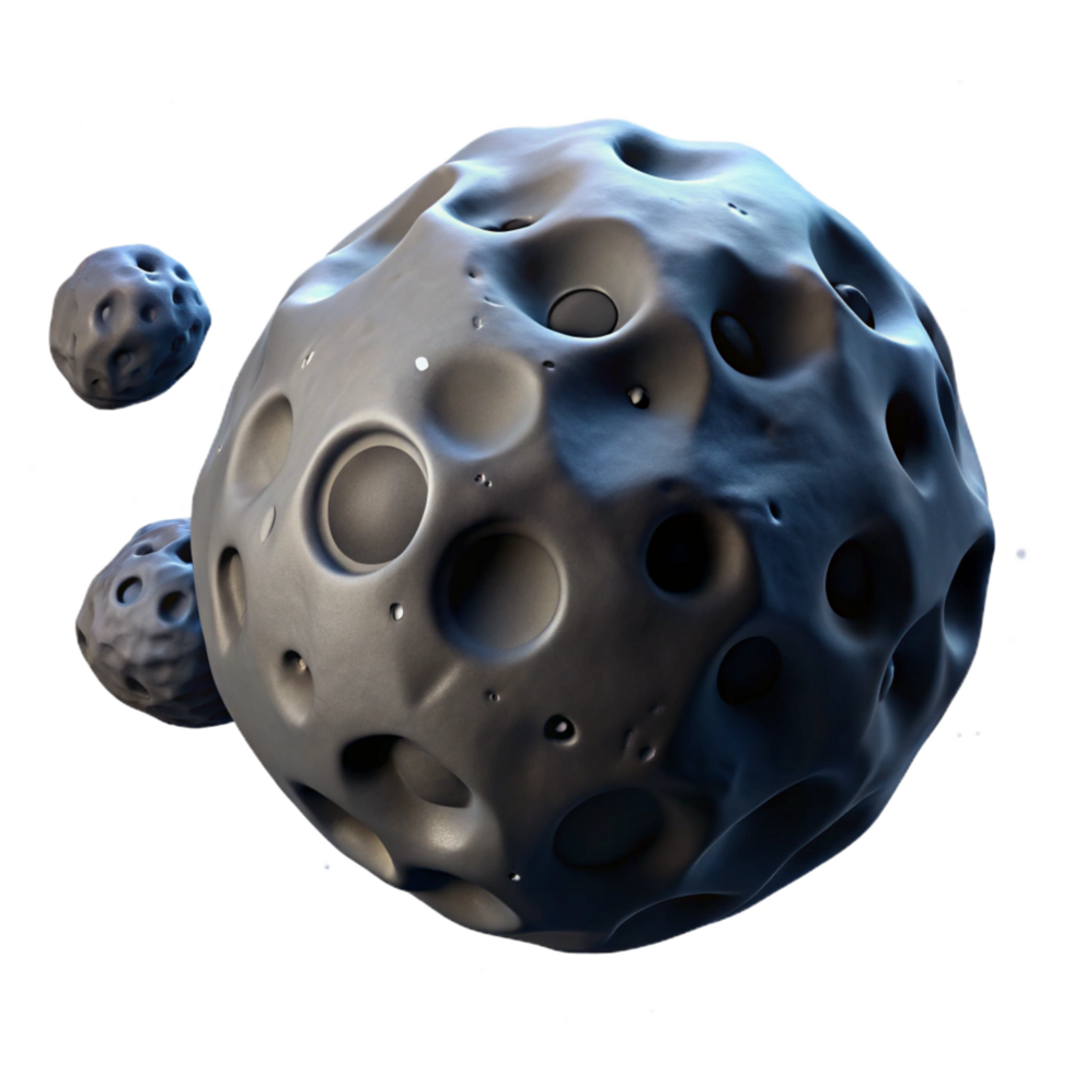 inspired minimalist A solitary space probe drifting through a field of asteroids, its surface pitted and scarred, illuminated by the cold light of a distant star. Photorealistic, dark and moody 4K png