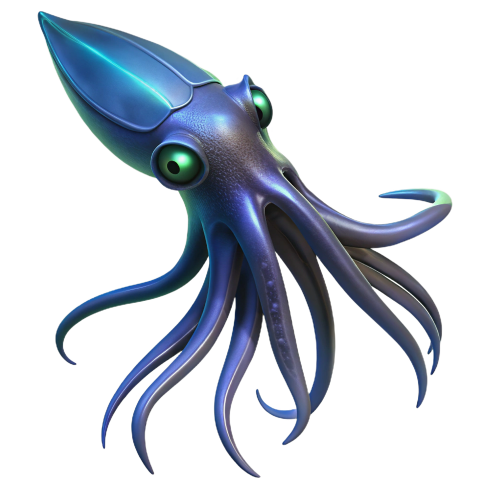 captivating whimsical coastal A giant squid swimming in the deep ocean, dark and mysterious atmosphere, bioluminescent details expertly shot png