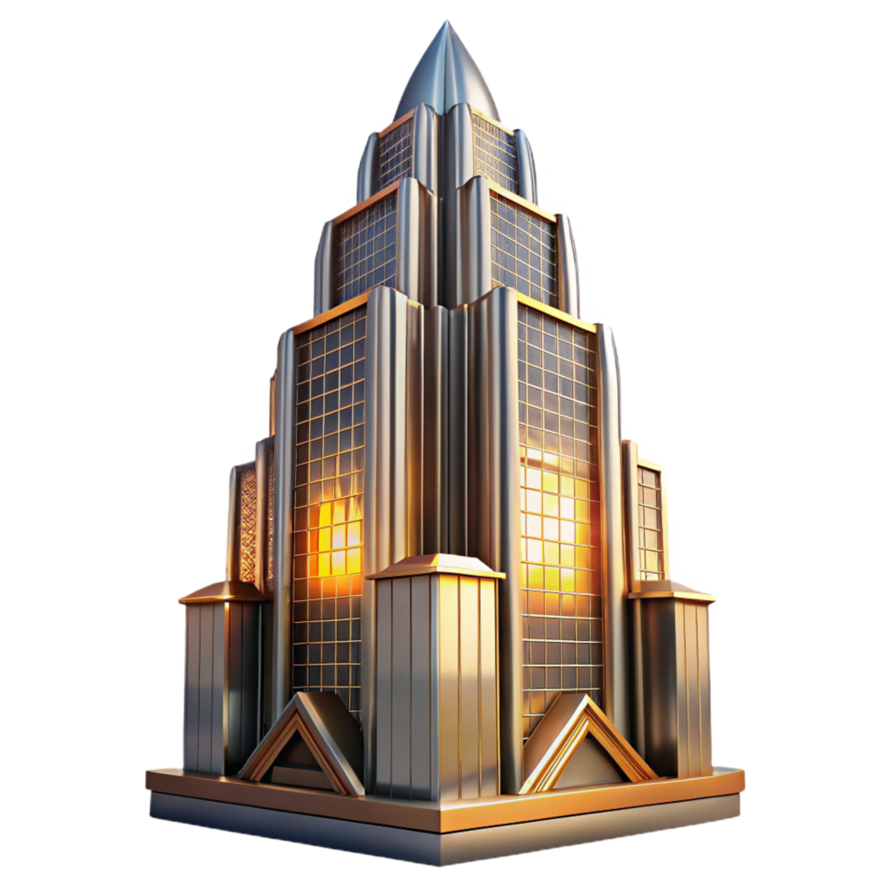 dazzling vintage Art Deco skyscraper, chrome and glass, sharp lines, sunset lighting, volumetric lighting, ray tracing, highly detailed, intricate, Art Deco style original png