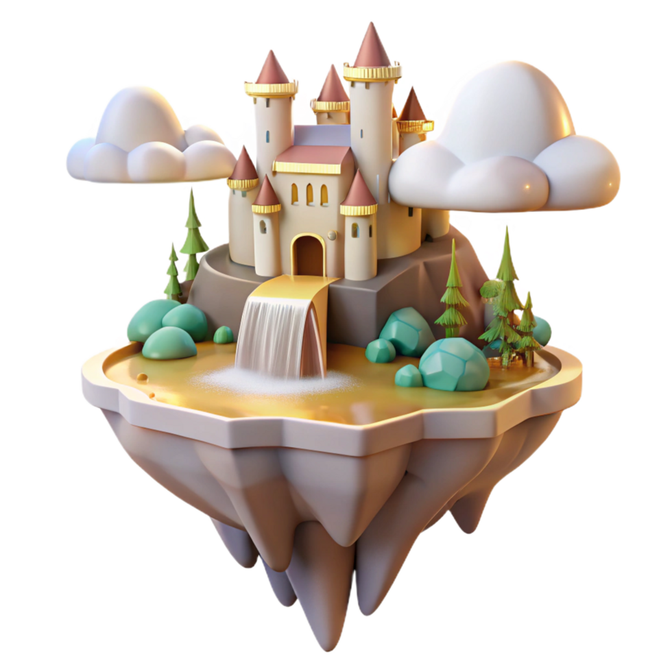 intense exquisite Floating island with castle, waterfalls cascading down, soft golden light, fantasy, romantic style authentic png