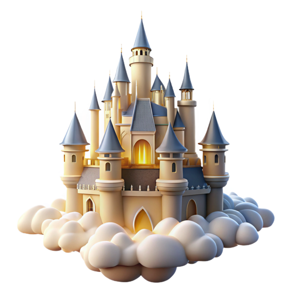 radiant distinctive A majestic castle floating in the clouds, soft, golden sunlight, dreamlike style png