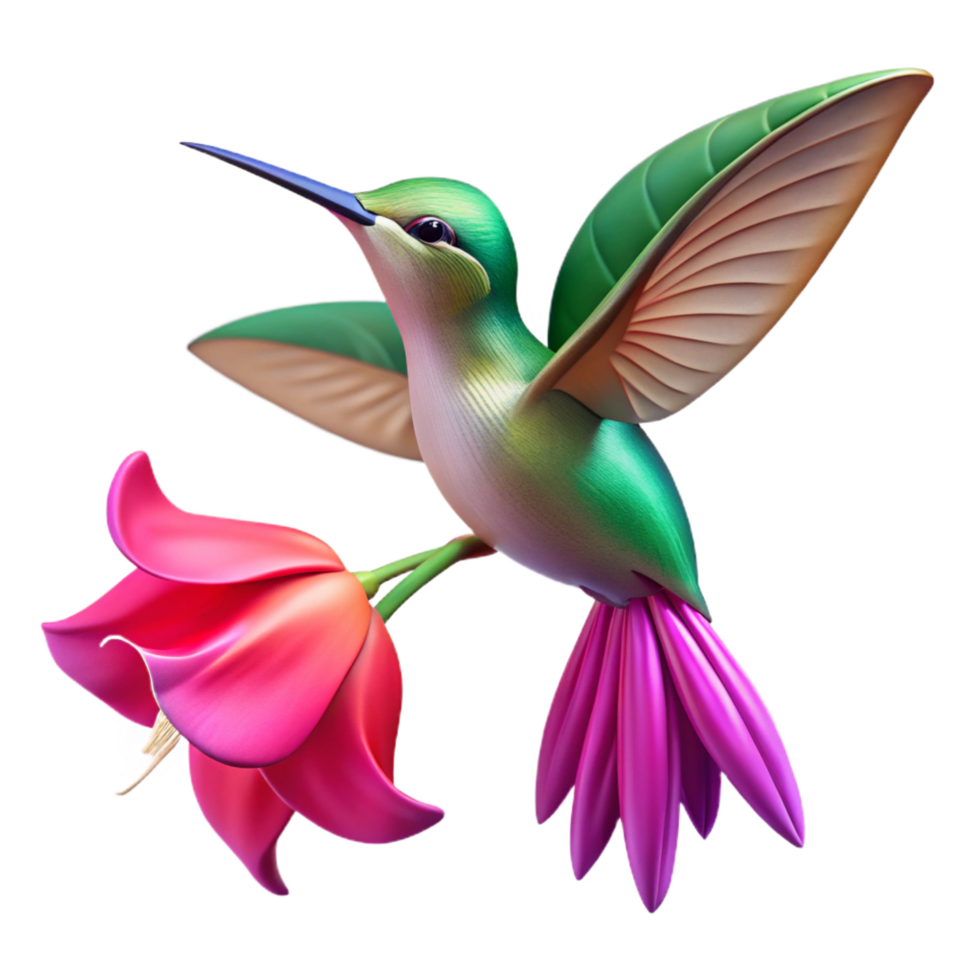 picturesque memorable A tiny hummingbird hovering over a vibrant fuchsia flower, close up shot with bokeh background, in the style of a nature documentary png