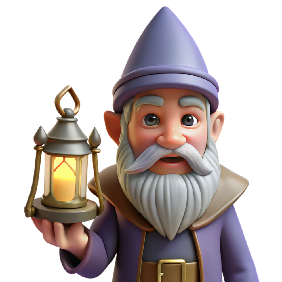 exquisite notable Portrait of a grumpy gnome with a long beard, pointed hat, and holding a small lantern. Warm, firelight. Fantasy art style png