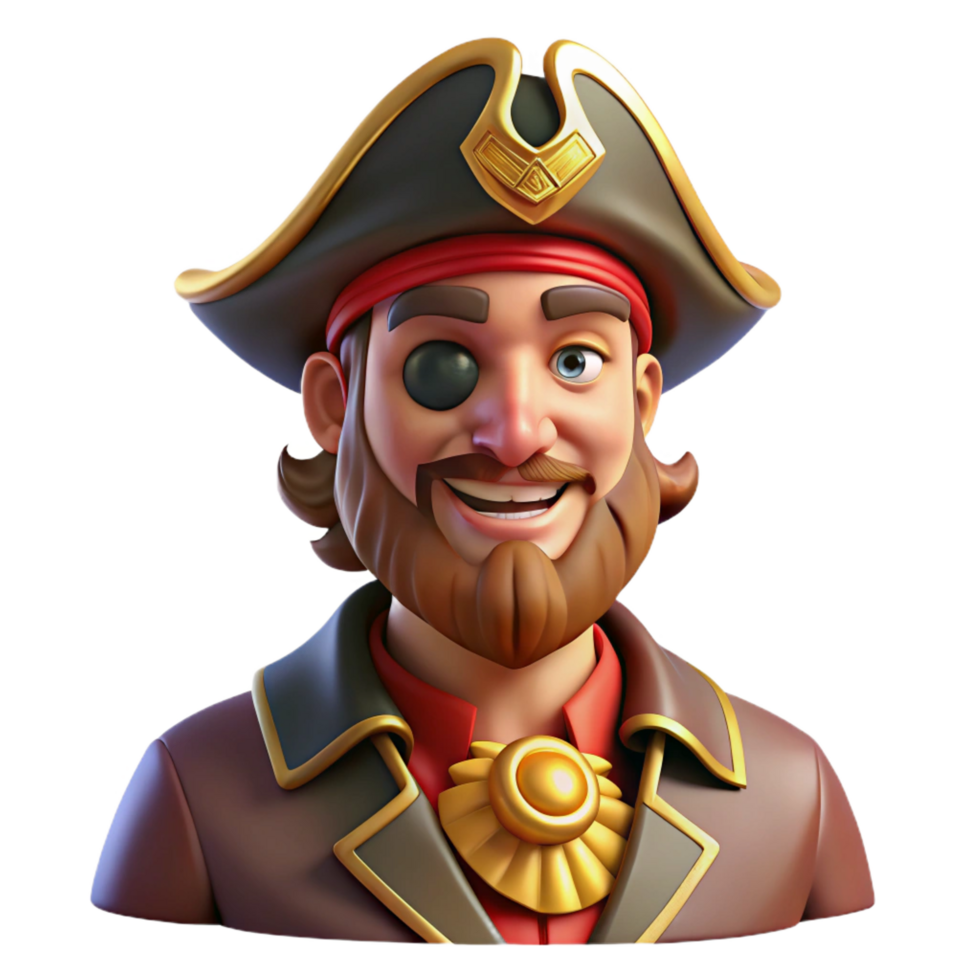joyful sumptuous Portrait of a charismatic pirate captain with an eye patch, a tricorne hat, and a mischievous grin. Warm, golden lighting. Digital painting style premium png