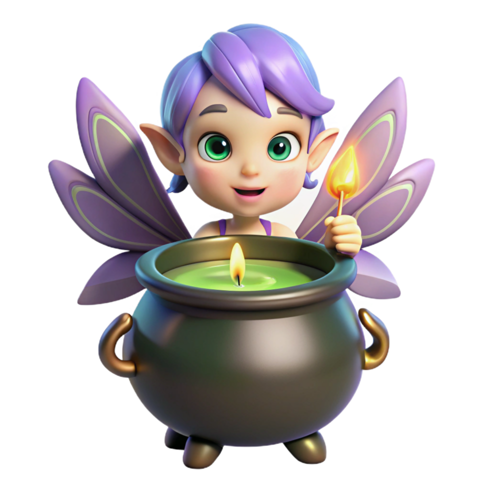 gorgeous peaceful baroque A mischievous pixie with iridescent wings hovering over a bubbling cauldron, lit by flickering candlelight, in a whimsical cartoon style expertly shot png
