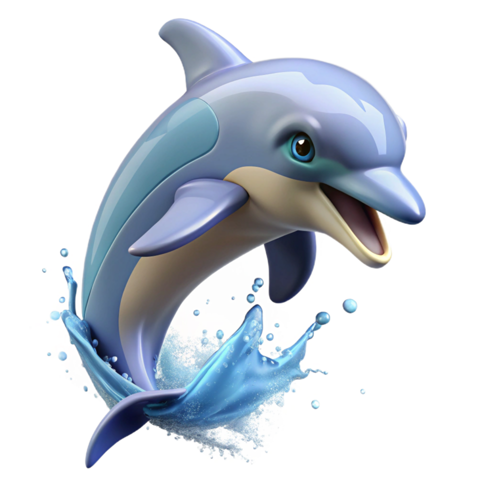 immaculate inspired A playful dolphin leaping out of the ocean, dynamic action shot with splashing water, in a realistic style png
