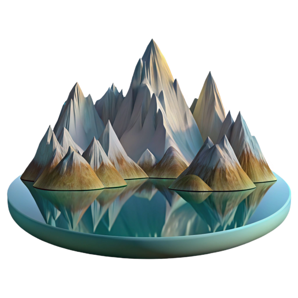 dreamy magnificent A majestic mountain range reflected in a still lake. Mirrored reflection, serene atmosphere flawless png