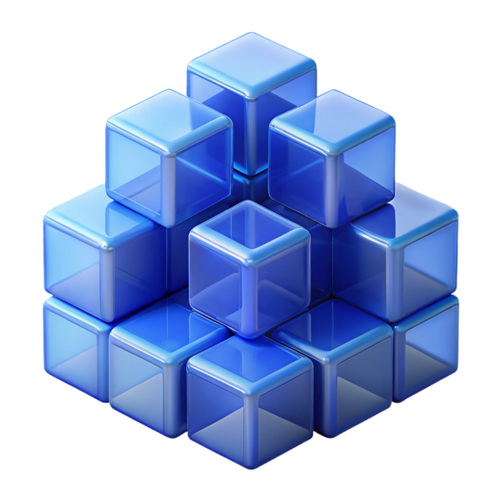 alluring sought after A field of translucent cubes in varying sizes and shades of blue, overlapping and interacting, soft diffused lighting, Minimalist style png