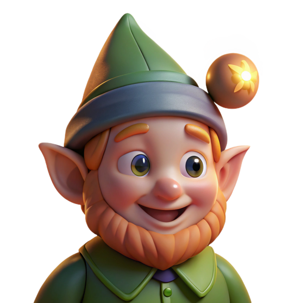 enchanting mysterious tropical Portrait of a whimsical gnome with a pointed hat and mischievous grin, illuminated by the flickering light of a firefly professional png