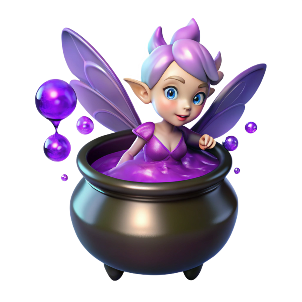 immaculate creative A mischievous pixie with iridescent wings hovering over a bubbling cauldron filled with glowing purple liquid, dark and mysterious lighting, digital painting style crisp png