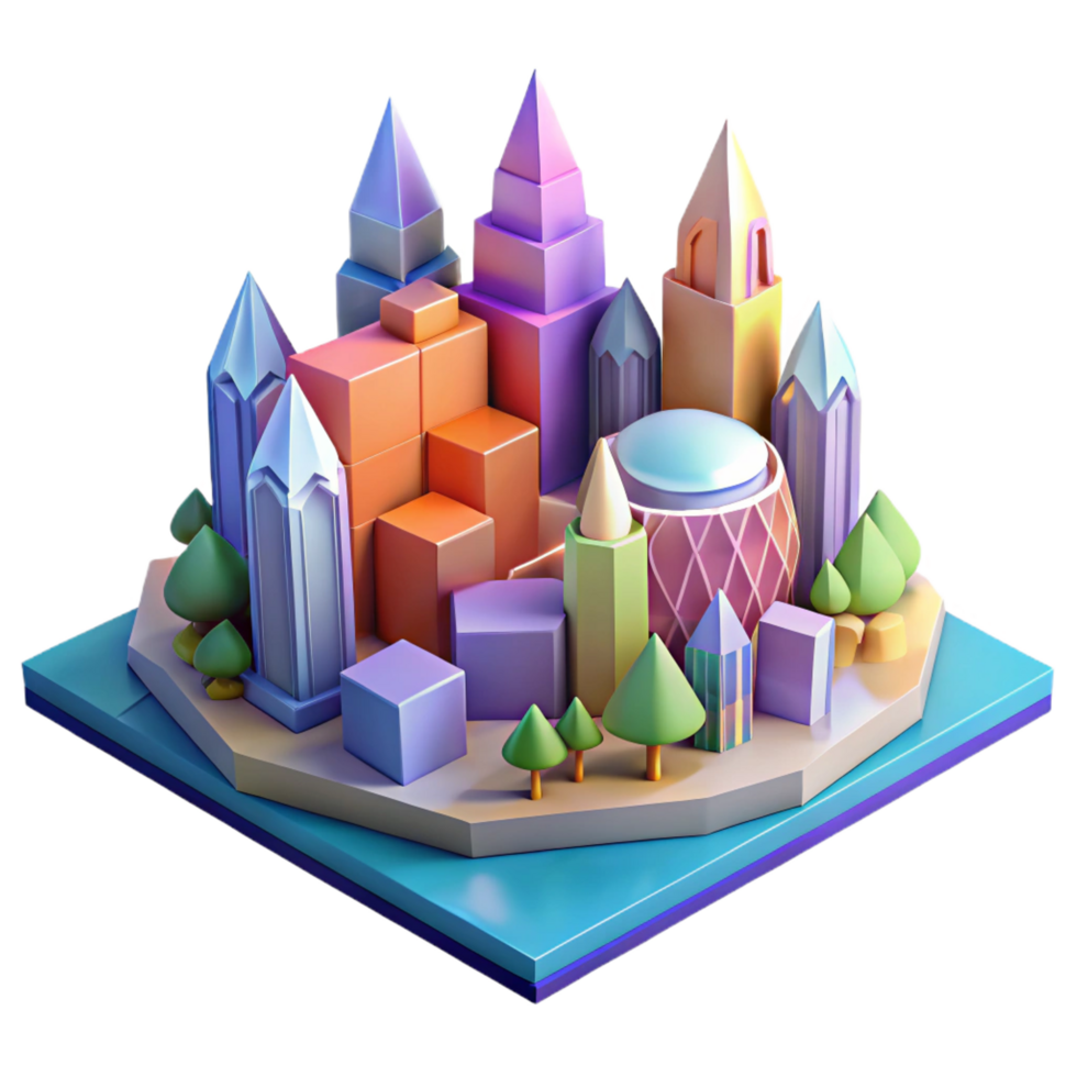 melancholic splendid Low poly city, geometric shapes, vibrant colors, abstract, digital art style sharp png